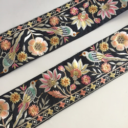 【50cm】インド刺繍リボン　ブラックxピンク　バード　シルク 1枚目の画像