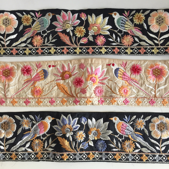 【50cm】インド刺繍リボン　ブラックxピンク　バード　シルク 6枚目の画像