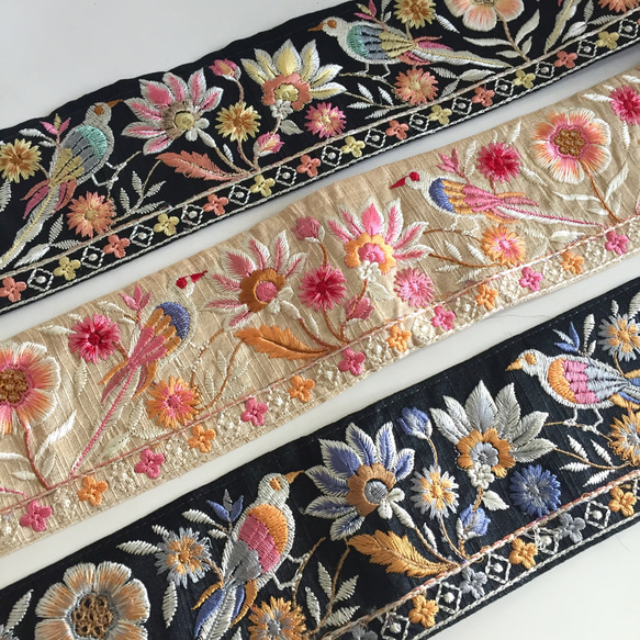 【50cm】インド刺繍リボン　ブラックxピンク　バード　シルク 7枚目の画像