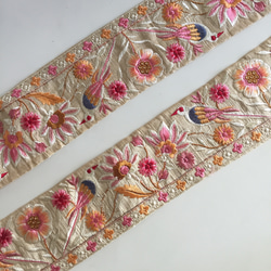【50cm】インド刺繍リボン　アイボリーxピンク　バード　シルク 5枚目の画像