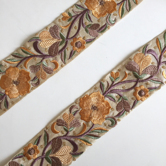 【50cm】インド刺繍リボン　ベージュxイエロー 4枚目の画像