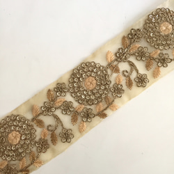 【SALE/50cm】インド刺繍リボン オーガンジー　ゴールドフラワー 1枚目の画像