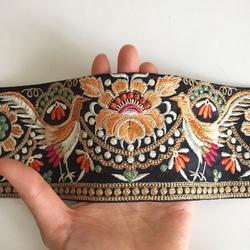 【50cm】インド刺繍リボン ブラックxオレンジ　バード　シルク 5枚目の画像
