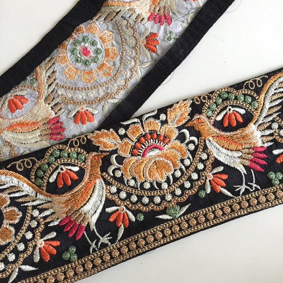 【50cm】インド刺繍リボン ブラックxオレンジ　バード　シルク 6枚目の画像