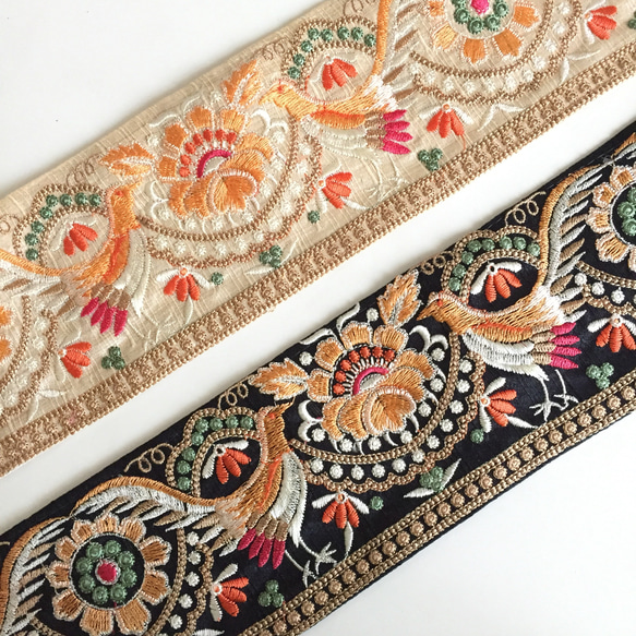 【50cm】インド刺繍リボン ブラックxオレンジ　バード　シルク 7枚目の画像