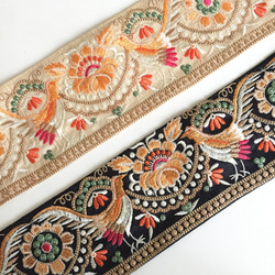 【50cm】インド刺繍リボン アイボリーxオレンジ　バード　シルク 7枚目の画像