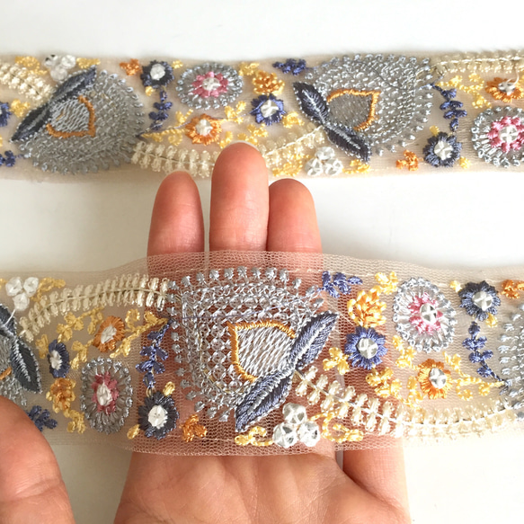 【SALE/50cm】インド刺繍リボン ブルー　パステル　ネット 5枚目の画像