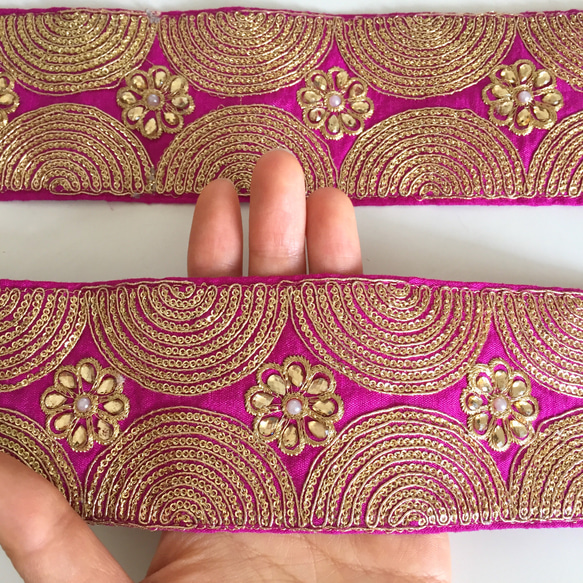 【SALE/50cm】インド刺繍リボン シルク　パープルxゴールド 4枚目の画像