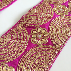 【SALE/50cm】インド刺繍リボン シルク　パープルxゴールド 6枚目の画像
