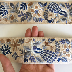 【50cm】インド刺繍リボン アイボリーxブルー　バード　SS18 5枚目の画像