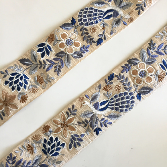 【50cm】インド刺繍リボン アイボリーxブルー　バード　SS18 6枚目の画像