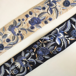 【50cm】インド刺繍リボン アイボリーxブルー　シルク　SS26 7枚目の画像