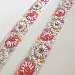 【SALE/50cm】インド刺繍リボン  ホワイトxパープル　ネットTN58 3枚目の画像
