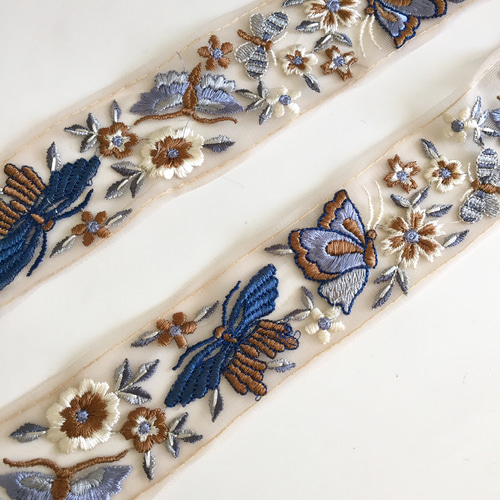 50cm】インド刺繍リボン ブルーバタフライ ネット SN78 リボン・テープ  