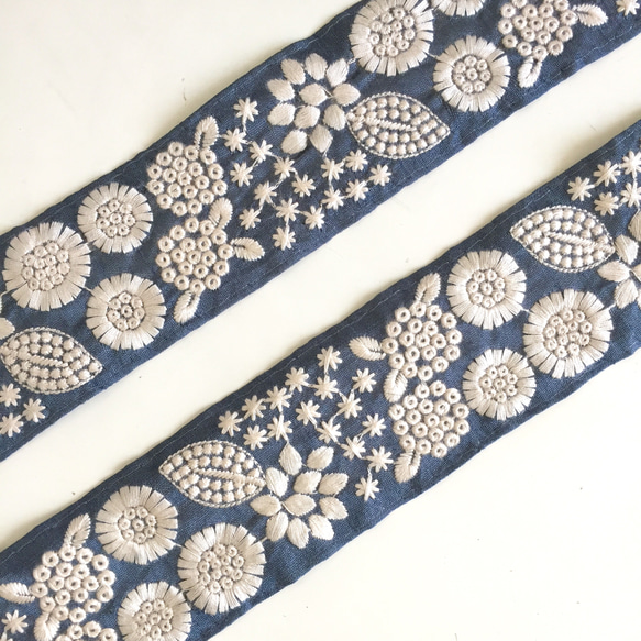 【50cm】インド刺繍リボン  ブルーグレー　シルク　SS80 5枚目の画像