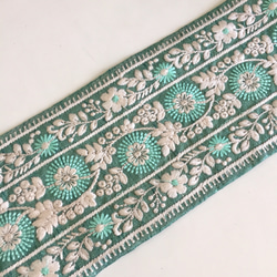 【50cm】インド刺繍リボン  エメラルドグリーン　シルク　SS92 2枚目の画像
