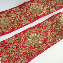 【50cm】インド刺繍リボン　レッドxゴールド　シルク　SS140 3枚目の画像