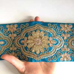 【50cm】インド刺繍リボン　ブルーxゴールド　シルク　SS141 1枚目の画像