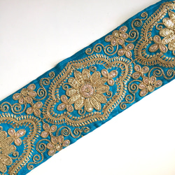【50cm】インド刺繍リボン　ブルーxゴールド　シルク　SS141 2枚目の画像