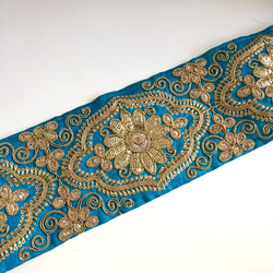 【50cm】インド刺繍リボン　ブルーxゴールド　シルク　SS141 6枚目の画像
