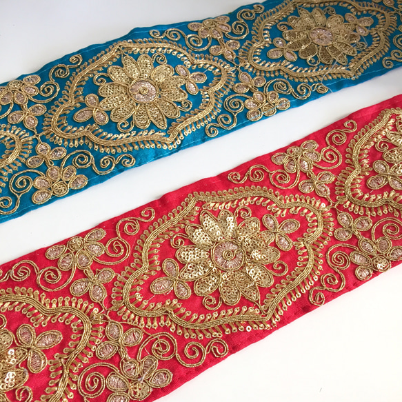 【50cm】インド刺繍リボン　ブルーxゴールド　シルク　SS141 8枚目の画像