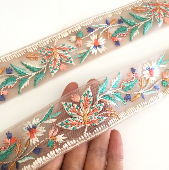 【50cm】インド刺繍リボン グリーン　リーフ　SN171 1枚目の画像