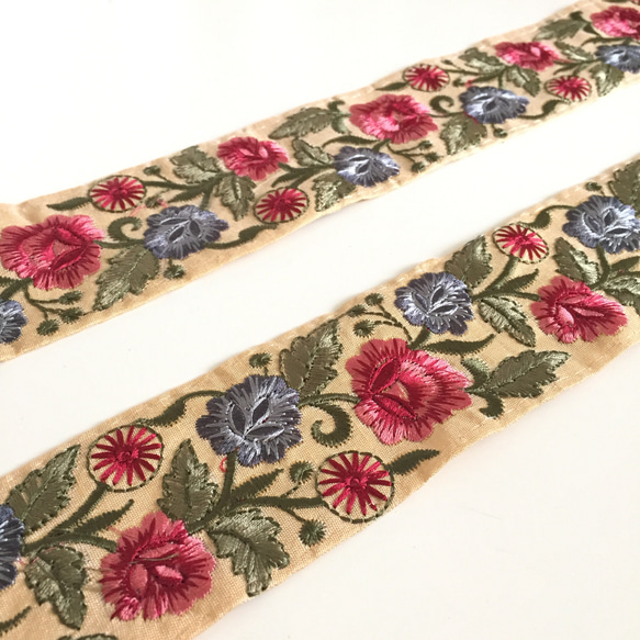 【50cm】インド刺繍リボン　イエローxピンク　シルク　GS210 3枚目の画像