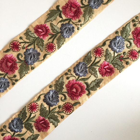 【50cm】インド刺繍リボン　イエローxピンク　シルク　GS210 5枚目の画像