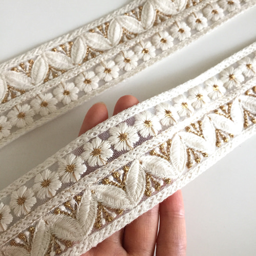 50cm】インド刺繍リボン ホワイト フラワーレース GL213 リボン