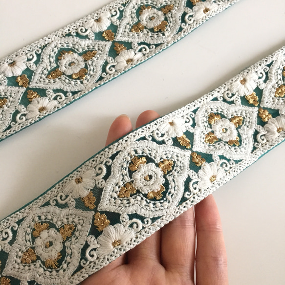 【⚠︎50cm】インド刺繍リボン　グリーン　レース　GL215 4枚目の画像