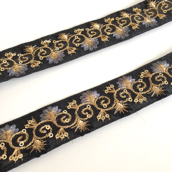【50cm】インド刺繍リボン　ブラック　オーガンジー　GO237 3枚目の画像