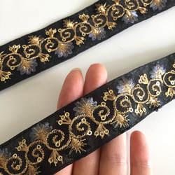 【50cm】インド刺繍リボン　ブラック　オーガンジー　GO237 4枚目の画像