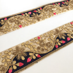 【50cm】インド刺繍リボン　ライトベージュxネイビー　HS247 4枚目の画像