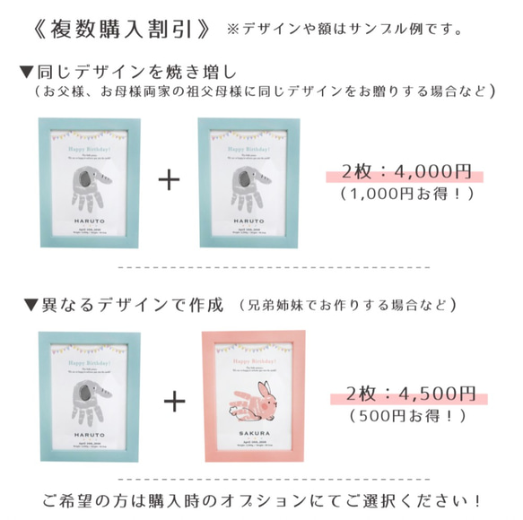 【スタンプ不要！写真から作れる手形アート】選べるどうぶつ ★ 0〜1歳  2L判 ピンクの額付き 実寸 4枚目の画像