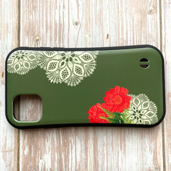 スマホケース★ iPhone13対応★ 耐衝撃▼ Botanical ボタニカル・花柄 / 赤▲ グリップケース☆カーキ 7枚目の画像