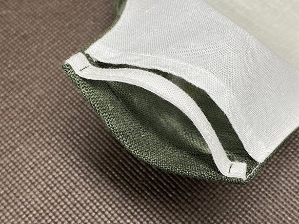 むら染リネン　麻１００％　緑色　吸汗速乾　涼しい　Ｌサイズ　２層構造　ポケット　サイドガイド　リフォーム繕　オリジナル 7枚目の画像