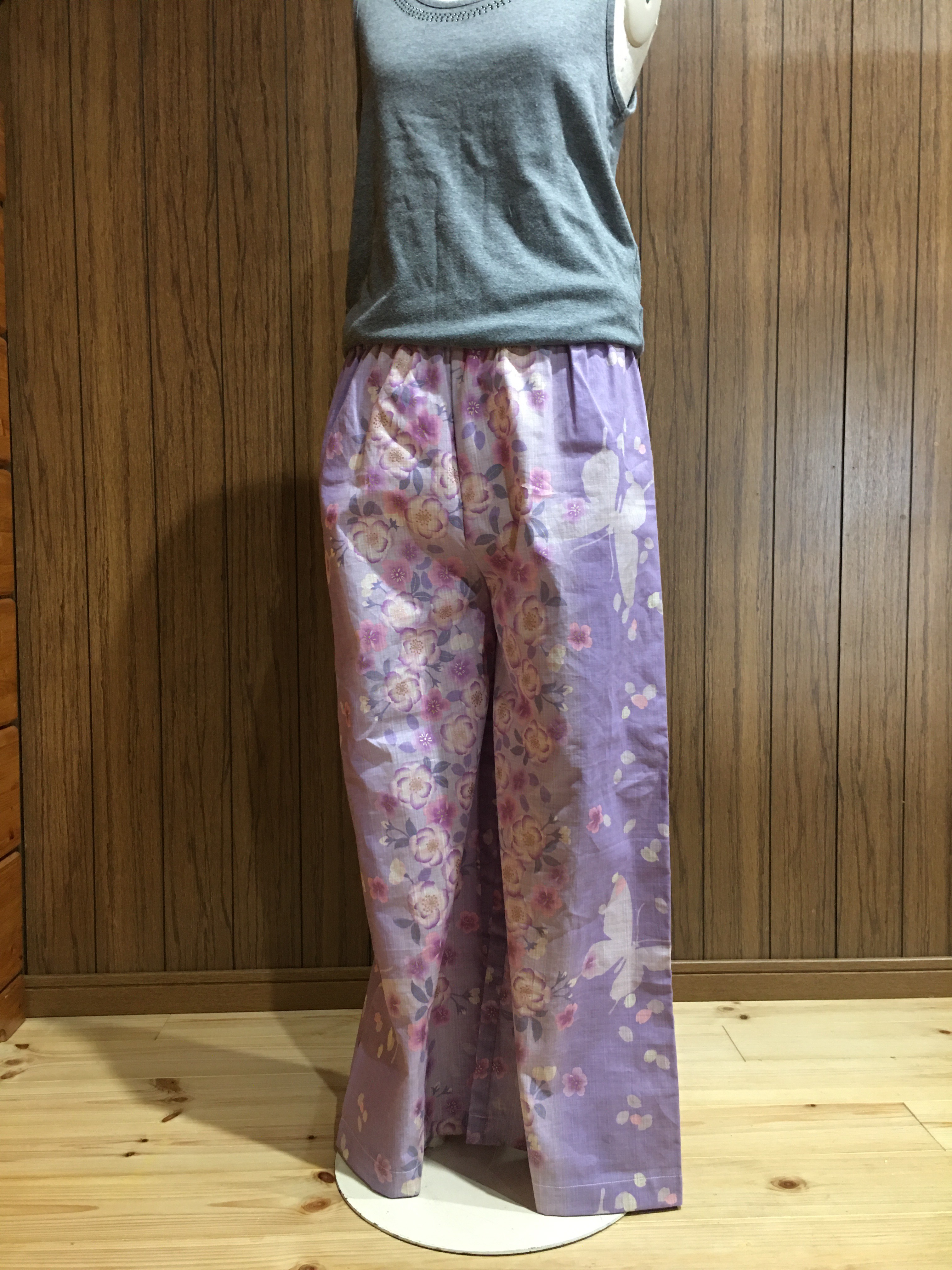 七夕 綿 リメイクハンドメイド 浴衣もんぺパンツ【笹】ワイドパンツ 夏祭り