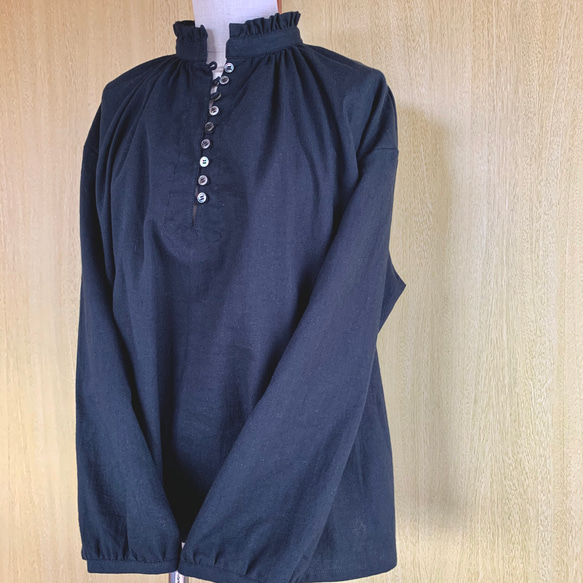 【受注製作】スタンドカラーの襟フリルブラウス（ハーフリネン）★サイズ・カラー選べます★ 6枚目の画像