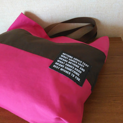 受注製作☆防水布のレッスンバッグ　ピンク・ブラウン　ボーダー風 2枚目の画像