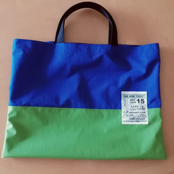 受注製作☆軽い！防水布のレッスンバッグ　青×黄緑　プールバッグに・雨の日のおけいこに 1枚目の画像