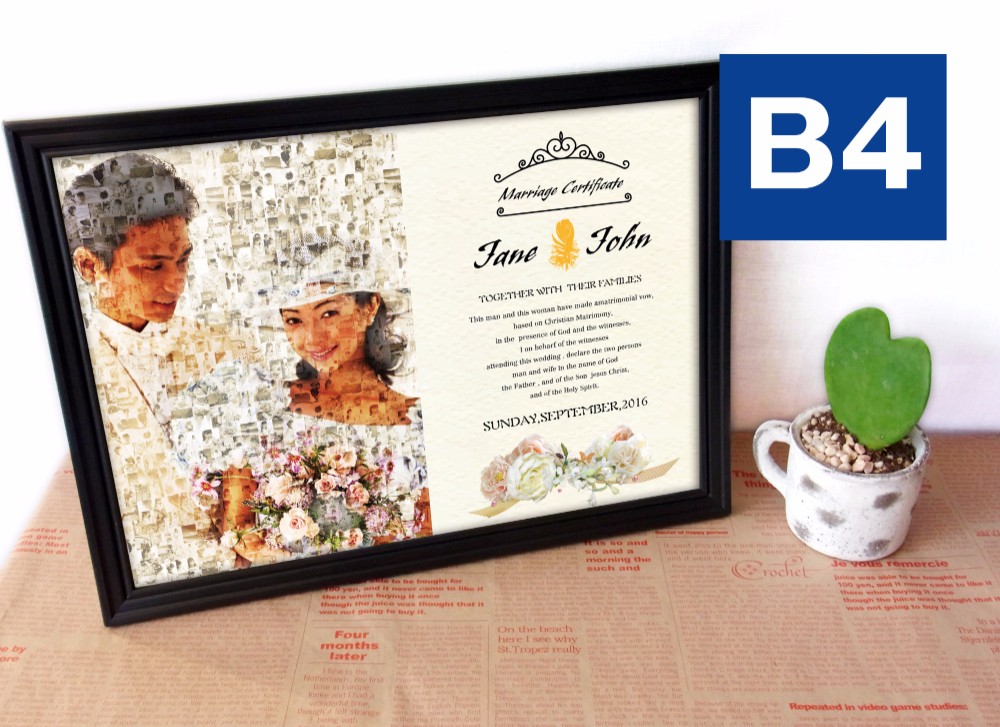 ★愛の証・結婚証明書＆モザイク絵★B4サイズ★タイプ-B★世界に一つ★今だけ価格★額縁付★少し大きめサイズ
