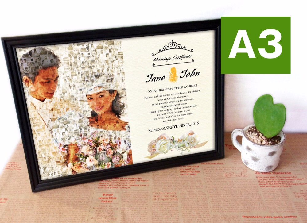 ★愛の証・結婚証明書＆モザイク絵★A3サイズ★タイプ-B★世界に一つ★今だけ価格★額縁付★大きめサイズ