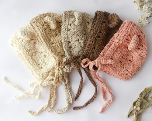 クマさん透かし編みボンネット ニューボーンフォト 帽子(ベビー