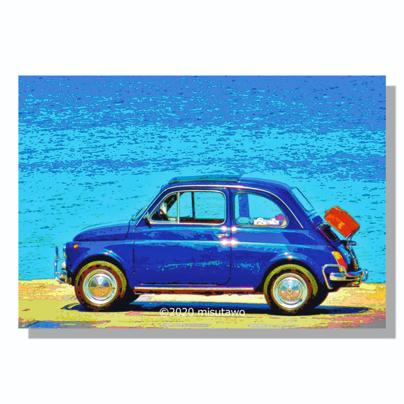 【選べる3枚組ポストカード】海とFIAT500（チンクエチェント）②【作品No.043】 1枚目の画像