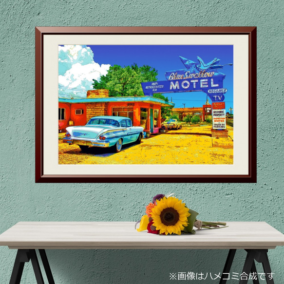 アートポスター】青いモーテルとビンテージカー（作品No.110） 写真