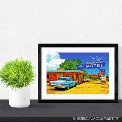 【アートポスター】青いモーテルとビンテージカー（作品No.110） 2枚目の画像