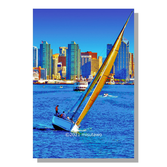 【選べる3枚組ポストカード】アメリカ サンディエゴの街とヨット【作品No.153】 1枚目の画像