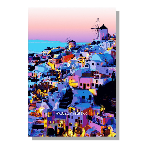 【選べる3枚組ポストカード】ギリシャ サントリーニ島の夕暮れ【作品No.172】 1枚目の画像