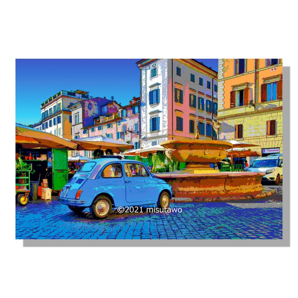 【アートポスター】イタリア ローマの市場とFIAT500（チンクエチェント）（作品No.176） 4枚目の画像