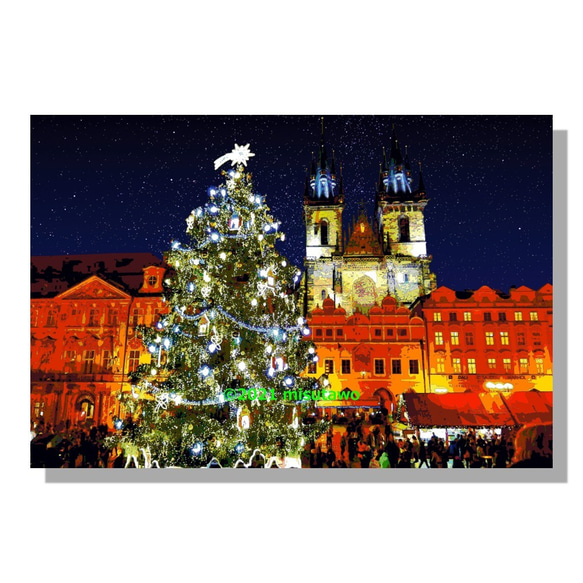 【アートポスター】プラハ 夜のクリスマスツリーとティーン教会（作品No.266） 4枚目の画像